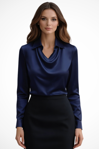 Lyra | Women's Satin Long Sleeve Blouse – Draped Neck Design 2