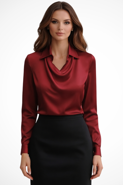 Lyra | Women's Satin Long Sleeve Blouse – Draped Neck Design 3