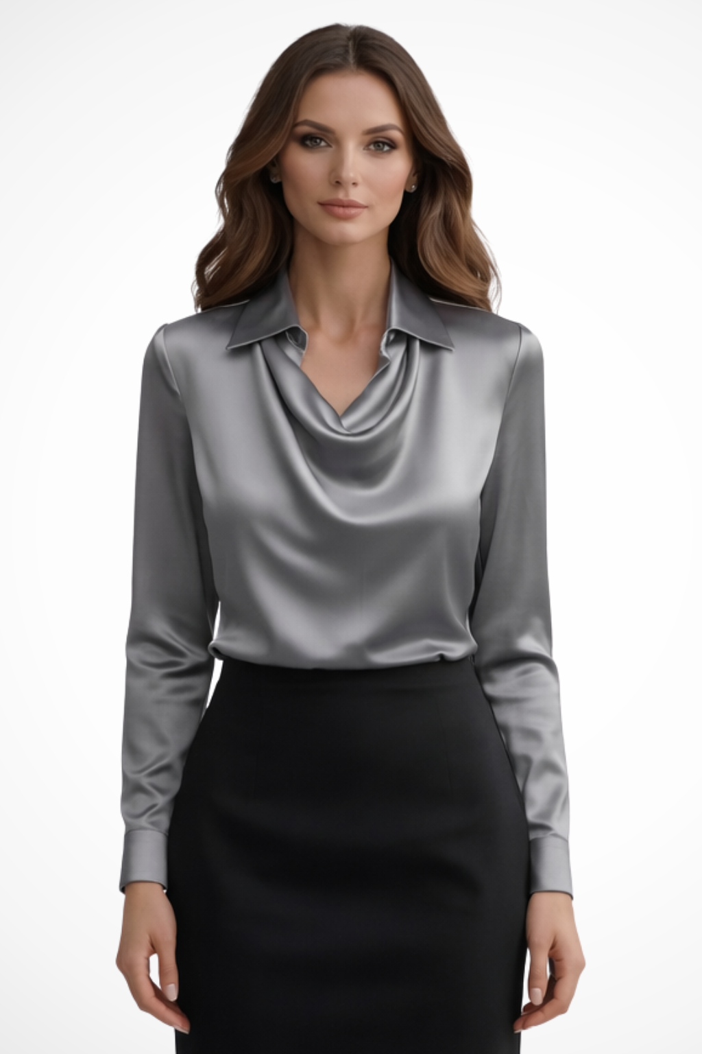 Lyra | Women's Satin Long Sleeve Blouse – Draped Neck Design 7