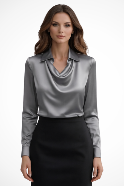 Lyra | Women's Satin Long Sleeve Blouse – Draped Neck Design 7