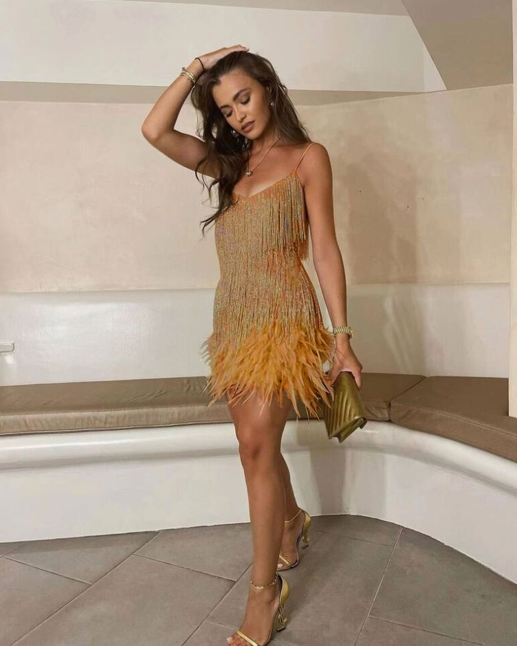 Manda | Women's Cocktail Dress – Black Sequin Midi With Feather Hem 5