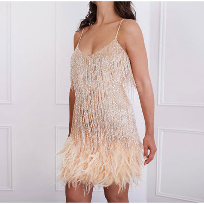 Manda | Women's Cocktail Dress – Black Sequin Midi With Feather Hem 7