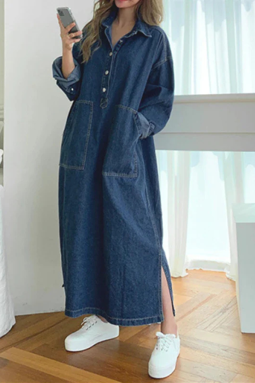 Margot | Women's Denim Maxi Dress – Plus-Size Fit With Pockets