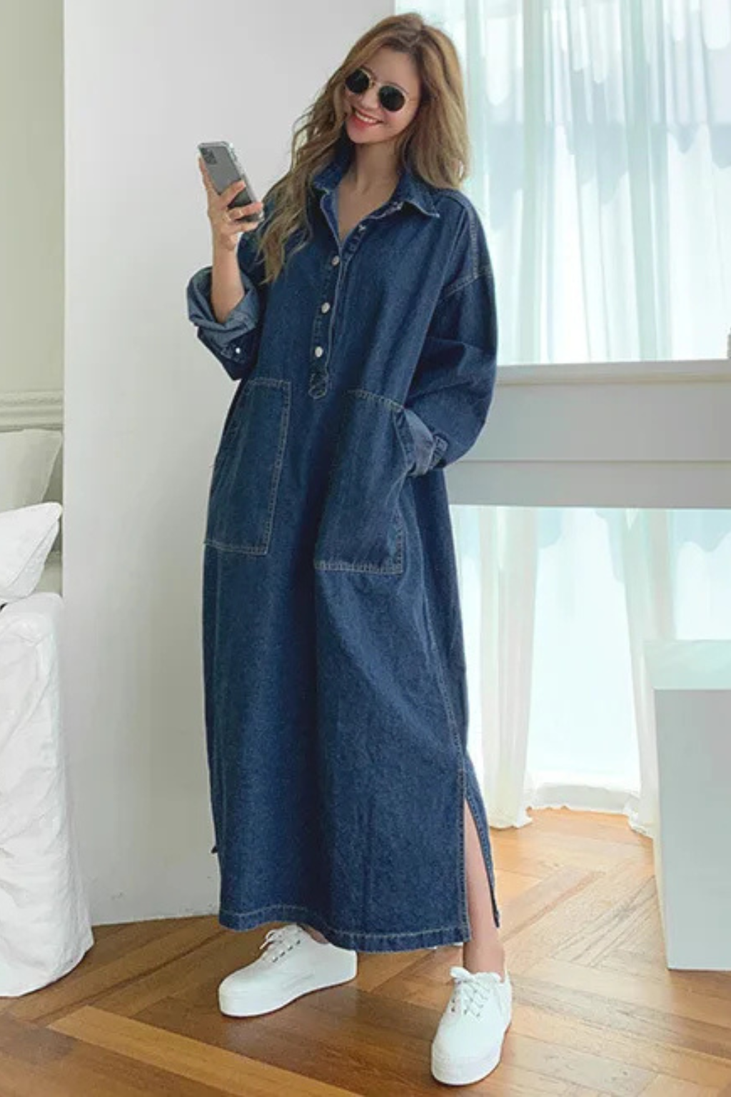 Margot | Women's Denim Maxi Dress – Plus-Size Fit With Pockets