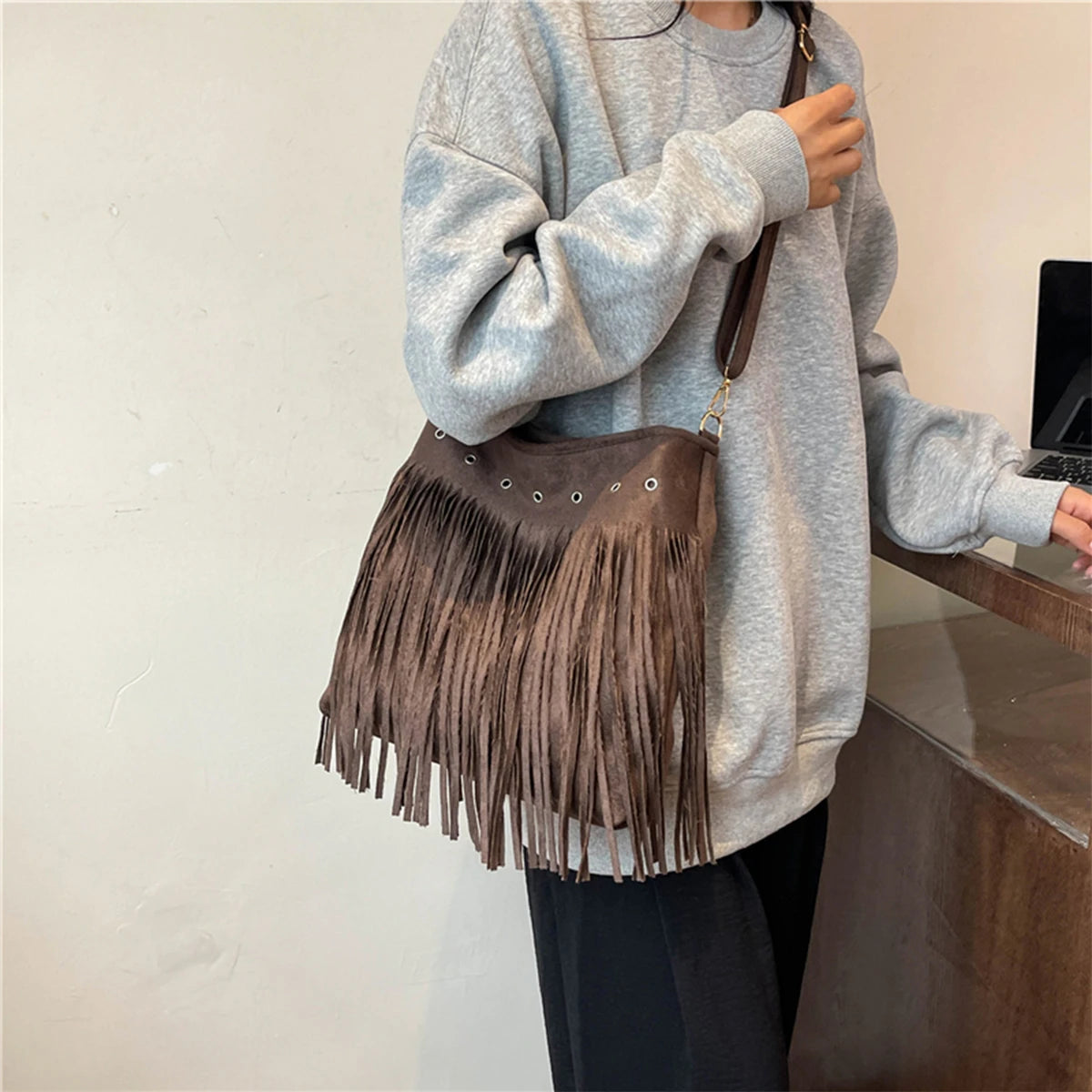 Maria | Faux Suede Fringe Shoulder Bag – Slouchy Hobo Style