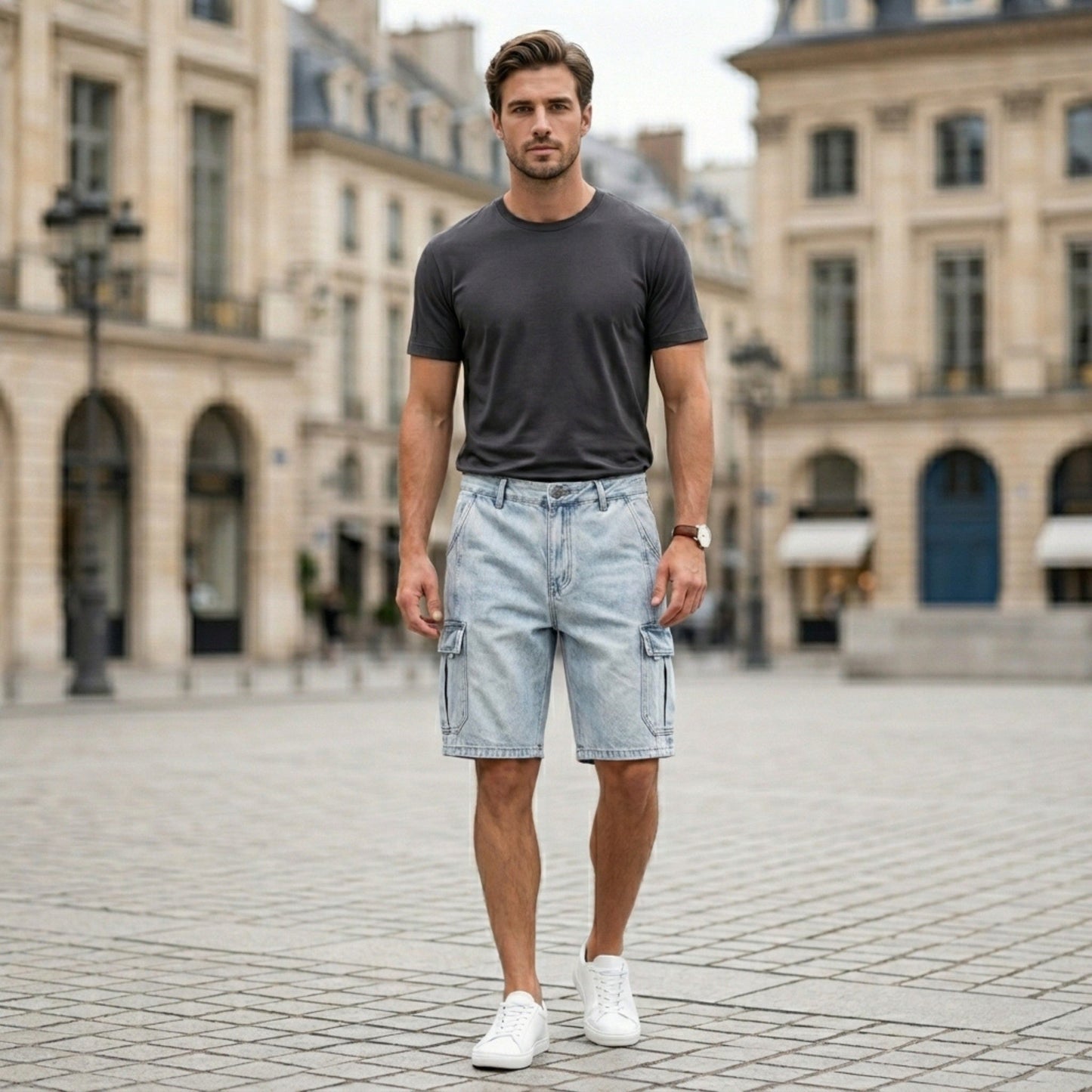 Men's Cargo Denim Shorts – Relaxed Fit, Knee-Length, Multi-Pocket