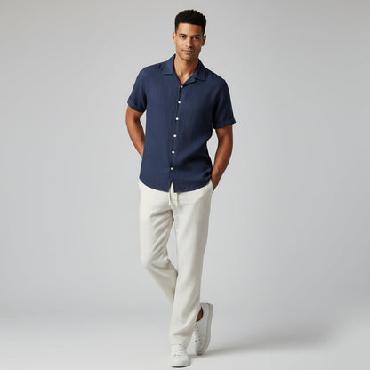 Men’s Linen Shirt and Trousers Set – Relaxed Fit Camp Collar Design