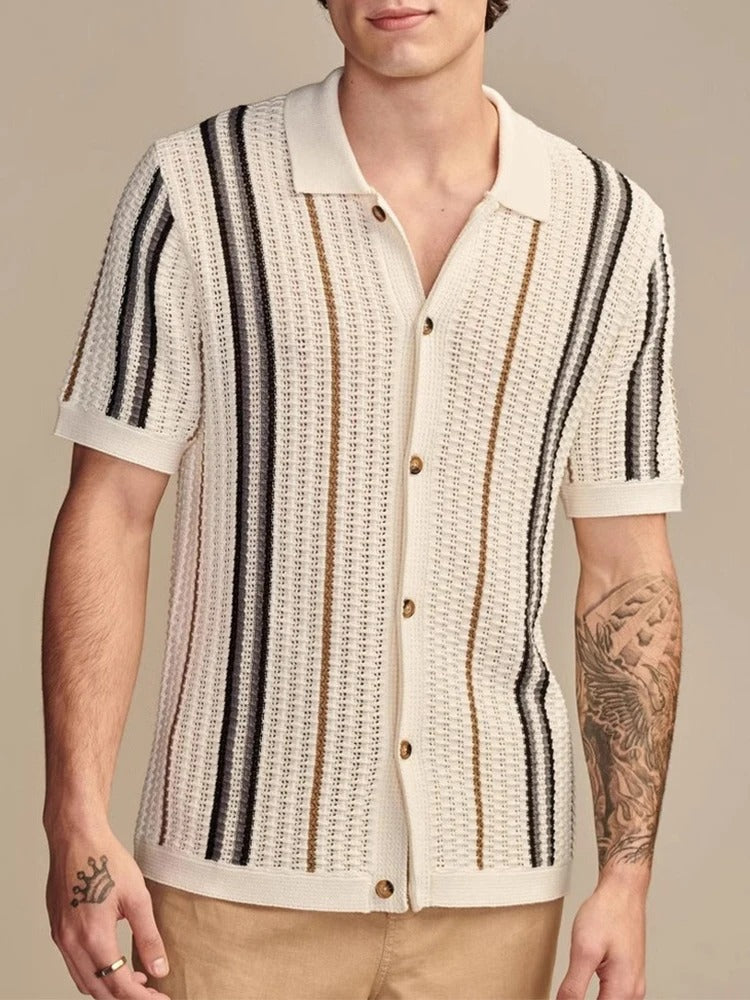 Men's Open Knit Shirt – Lightweight Short Sleeve Vertical Stripes