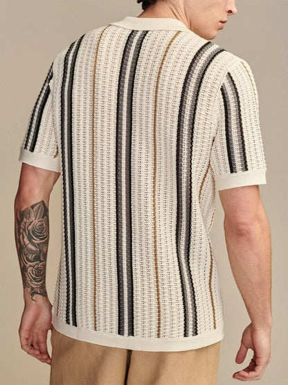 Men's Open Knit Shirt – Lightweight Short Sleeve Vertical Stripes