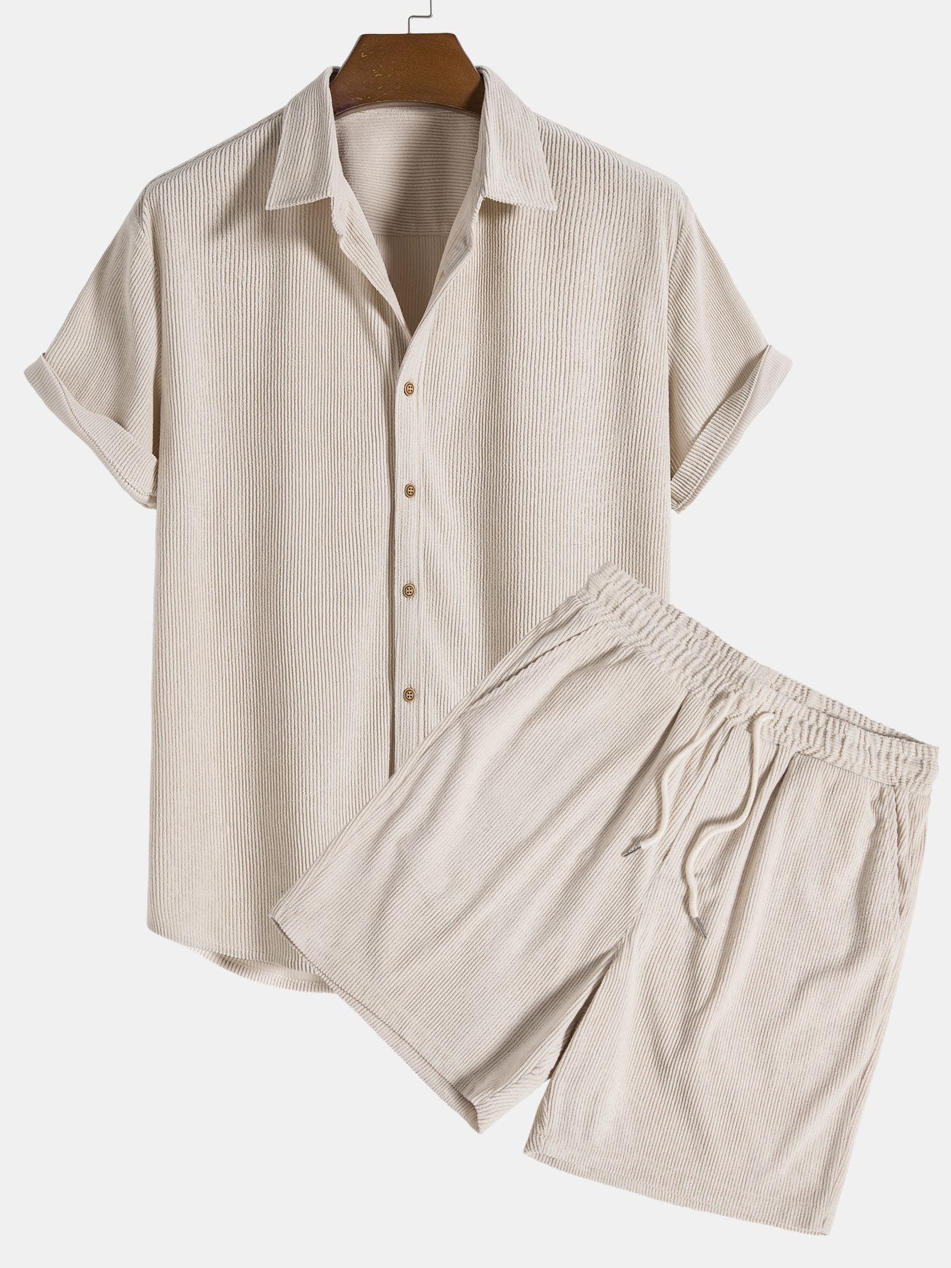 Men's Ribbed Drawstring Shorts – Coordinated Button Front Shirt Set