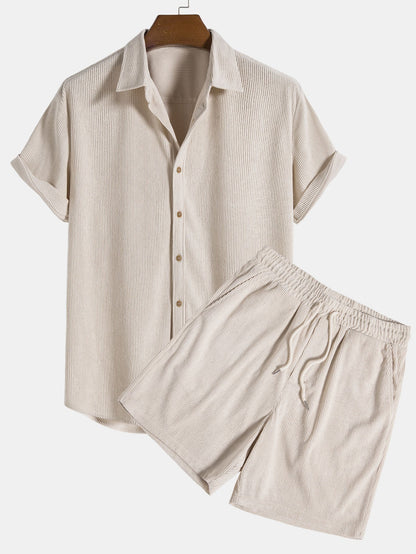 Men's Ribbed Drawstring Shorts – Coordinated Button Front Shirt Set