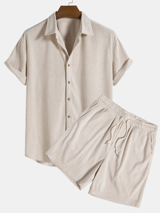 Men's Ribbed Drawstring Shorts – Coordinated Button Front Shirt Set