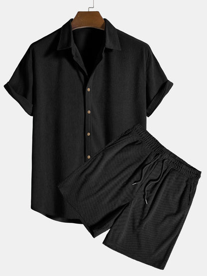 Men's Ribbed Drawstring Shorts – Coordinated Button Front Shirt Set
