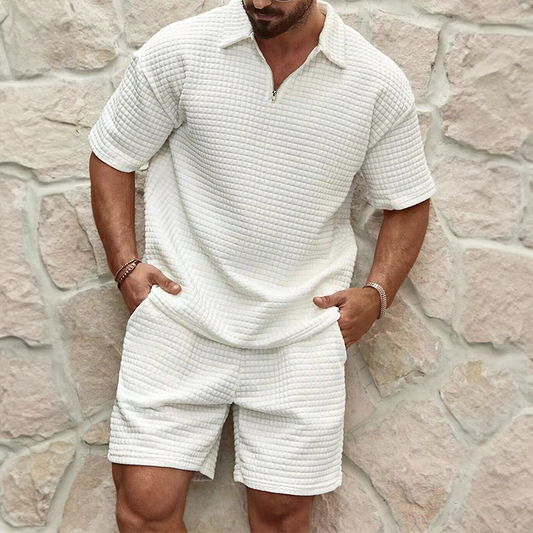 Men’s Waffle Zip Polo Set – Short Sleeve Top with Elasticated Shorts