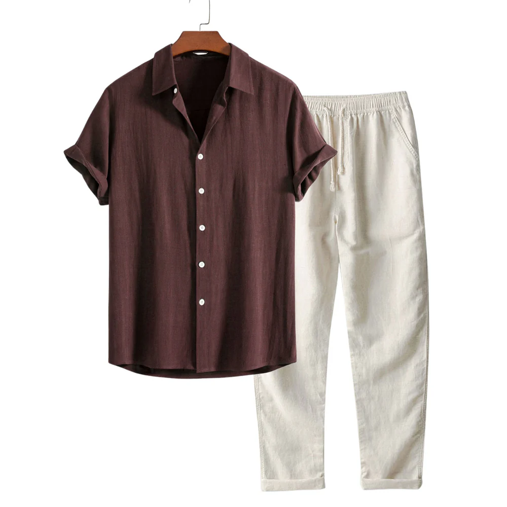 Men’s Linen Shirt and Trousers Set – Relaxed Fit Camp Collar Design