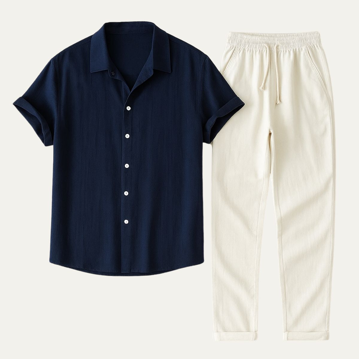 Men’s Linen Shirt and Trousers Set – Relaxed Fit Camp Collar Design