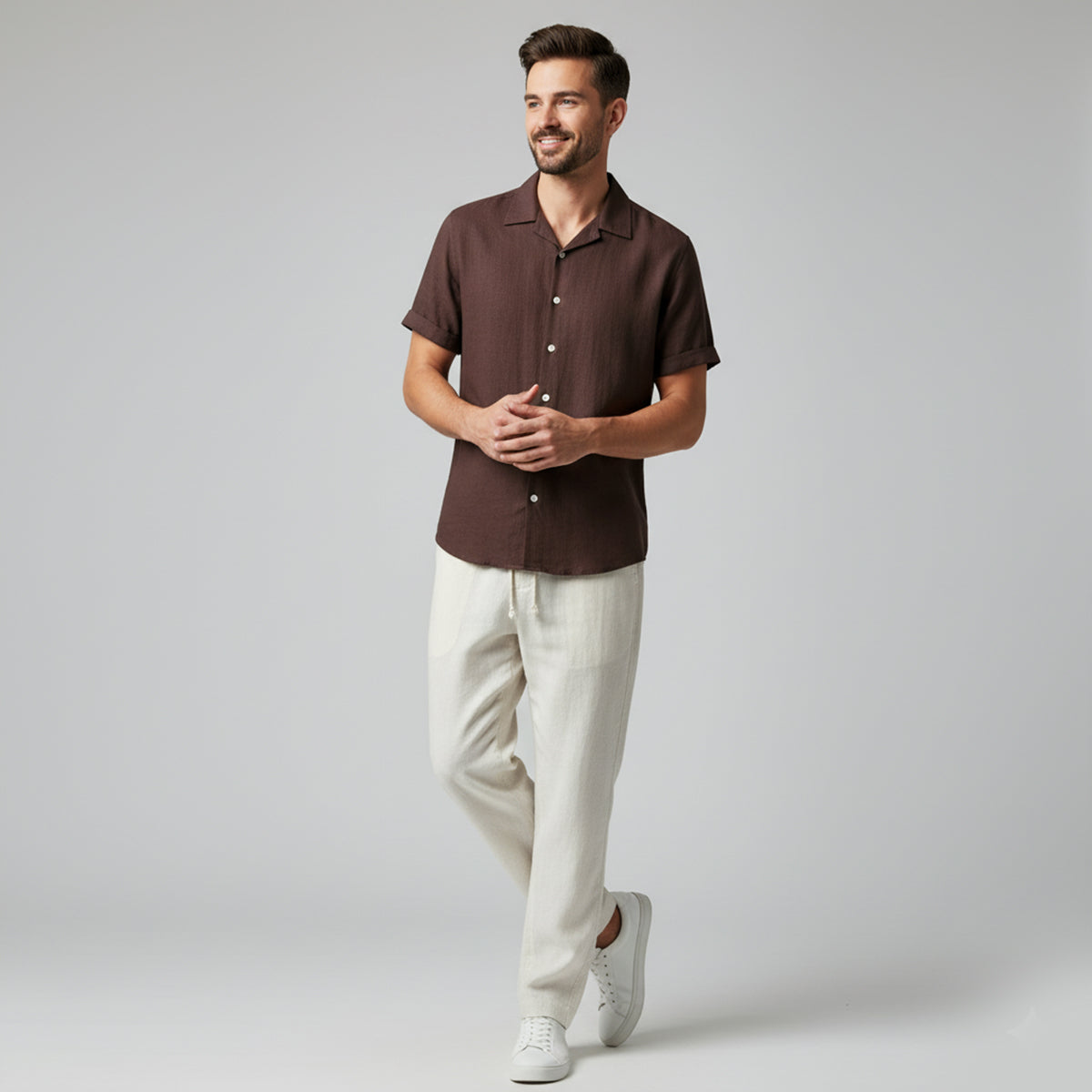 Men’s Linen Shirt and Trousers Set – Relaxed Fit Camp Collar Design