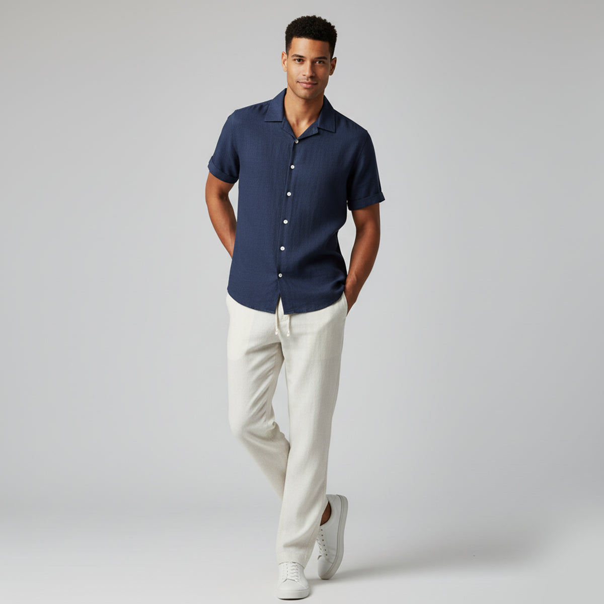 Men’s Linen Shirt and Trousers Set – Relaxed Fit Camp Collar Design