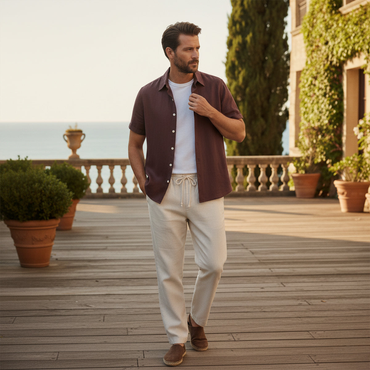 Men’s Linen Shirt and Trousers Set – Relaxed Fit Camp Collar Design