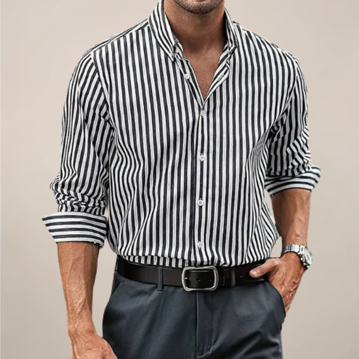 Men's Striped Dress Shirt – Long Sleeve Button-Up with Vertical Stripes