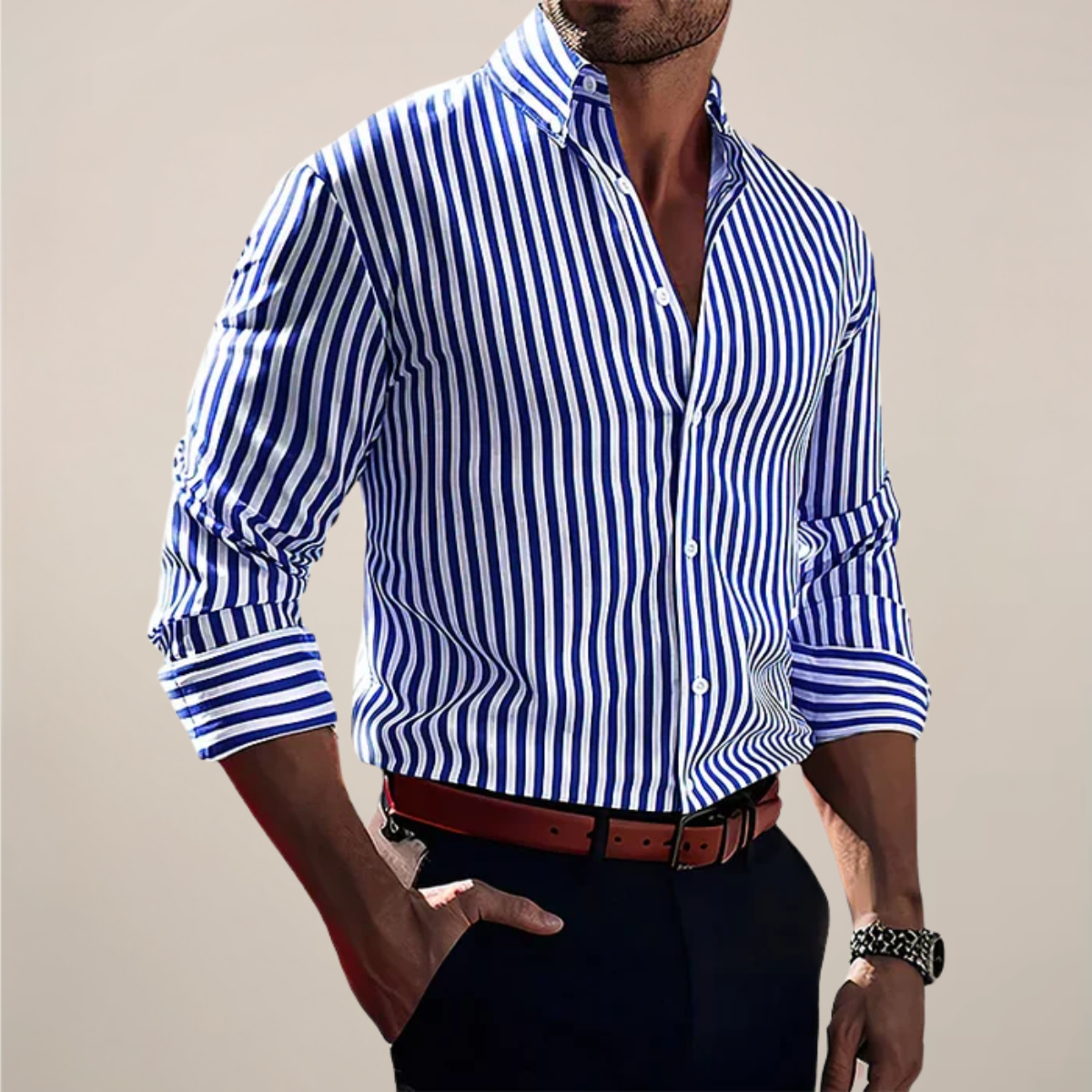 Men's Striped Dress Shirt – Long Sleeve Button-Up with Vertical Stripes
