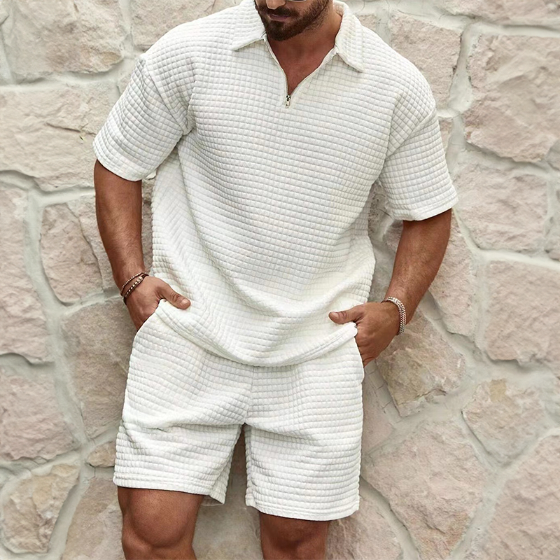 Men’s Waffle Zip Polo Set – Short Sleeve Top with Elasticated Shorts