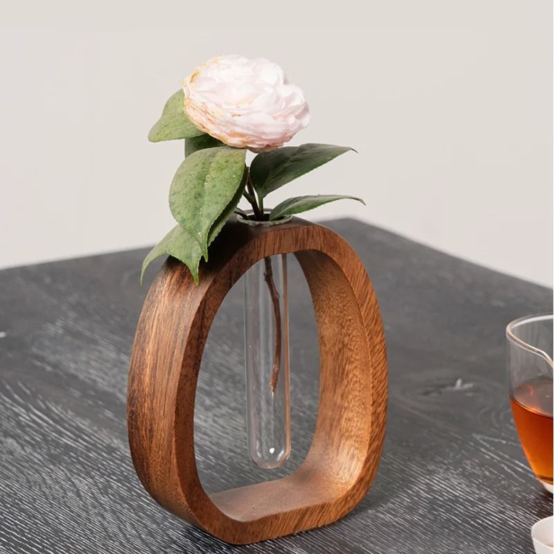Mini Glass Flower Vase with Wooden Base | Single Stem Display Design | Compact Decor for Desks, Shelves & Bedside Tables