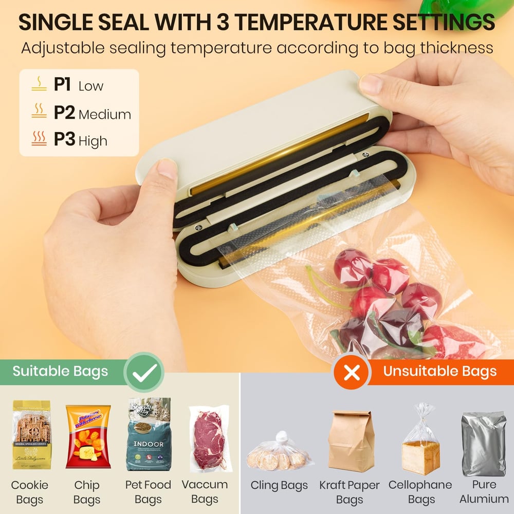 Mini Vacuum Sealer 3-in-1 | 60kPa Suction & 3 Heat Settings | Cordless USB-C Rechargeable, Vacuum Seal & Inflate