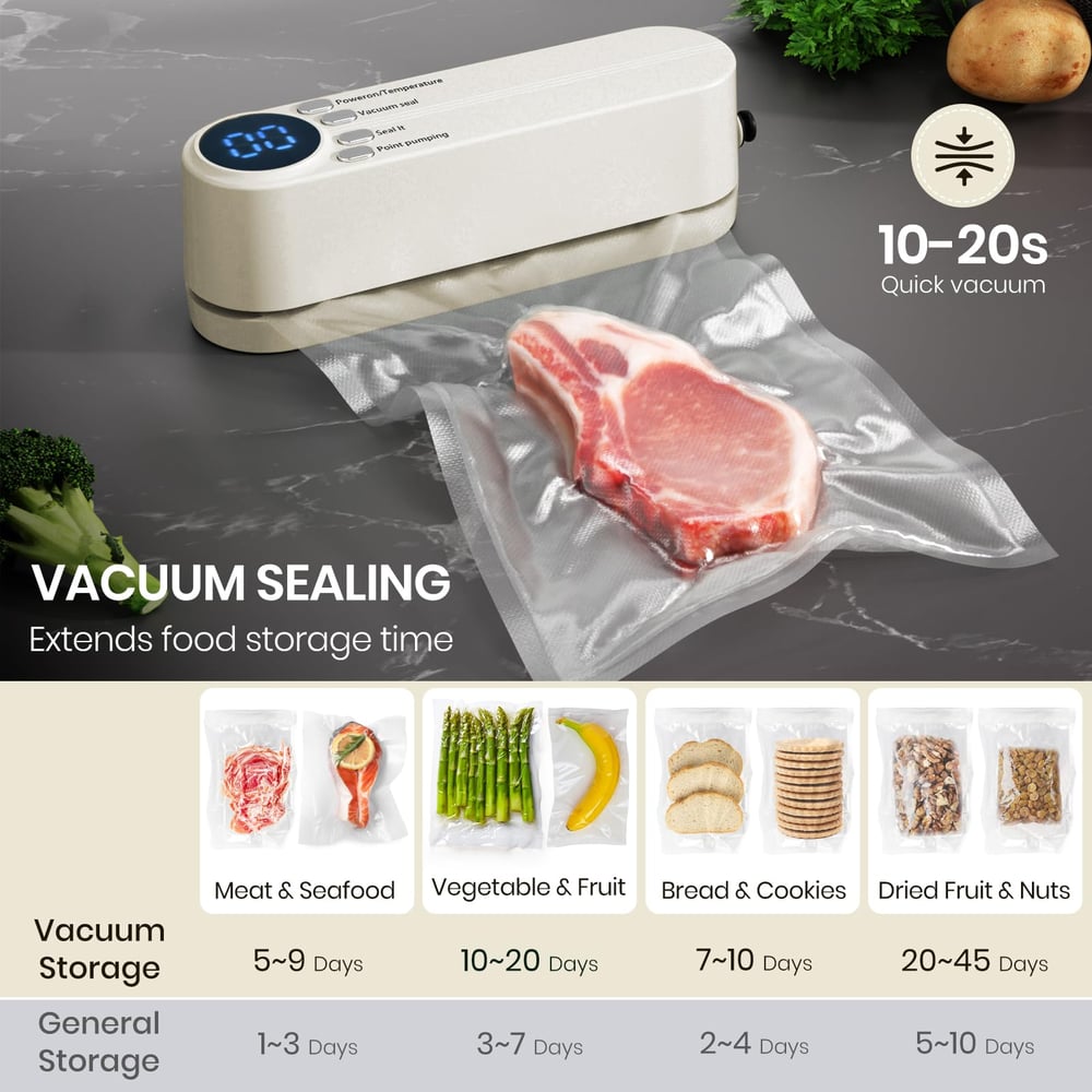 Mini Vacuum Sealer 3-in-1 | 60kPa Suction & 3 Heat Settings | Cordless USB-C Rechargeable, Vacuum Seal & Inflate