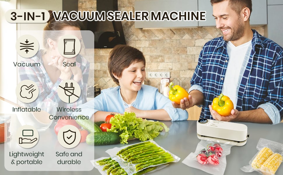 Mini Vacuum Sealer 3-in-1 | 60kPa Suction & 3 Heat Settings | Cordless USB-C Rechargeable, Vacuum Seal & Inflate