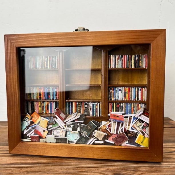 Miniature Wooden Bookshelf | Handmade with 200 Folded Mini Books | Shake-and-Reset Desk Ornament for Calm Moments
