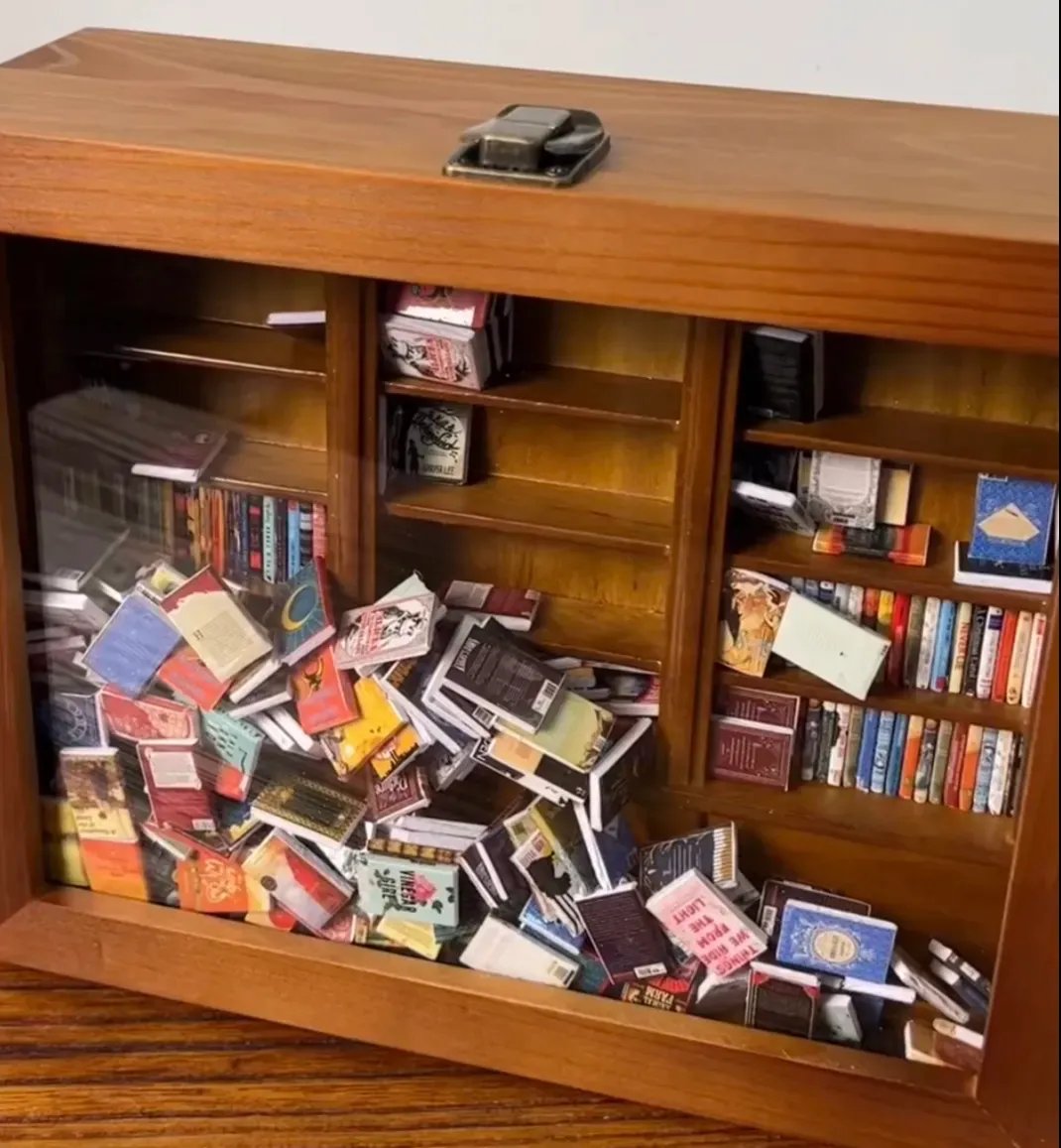 Miniature Wooden Bookshelf | Handmade with 200 Folded Mini Books | Shake-and-Reset Desk Ornament for Calm Moments