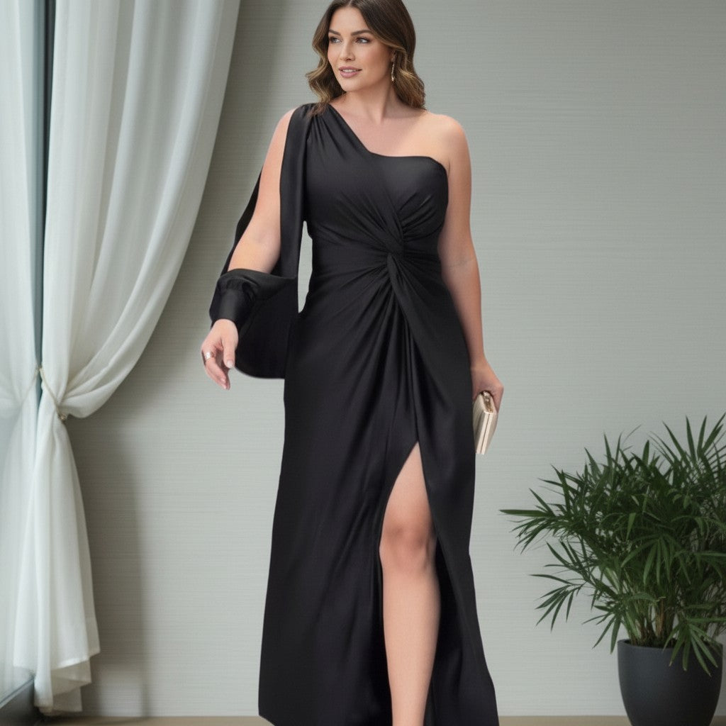 ElegantSilk | Women's One-Shoulder Wedding Guest Dress - Floor-Length Silky Fabric