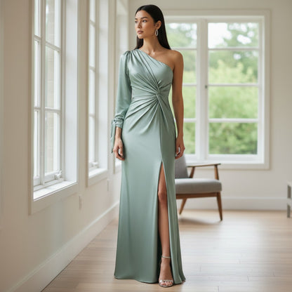 ElegantSilk | Women's One-Shoulder Wedding Guest Dress - Floor-Length Silky Fabric