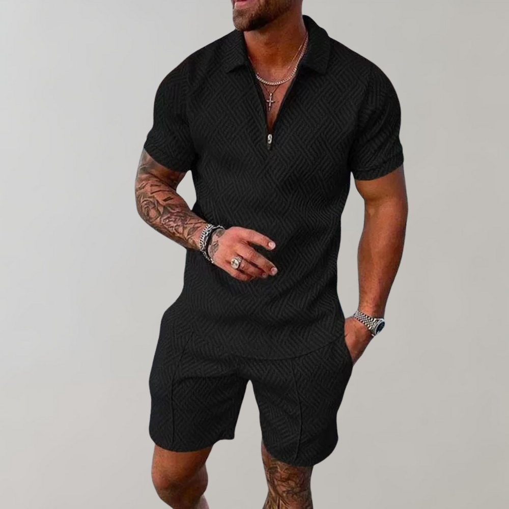 ModernEdge | Men's Outfit – Zip Polo Shirt and Shorts Set 0