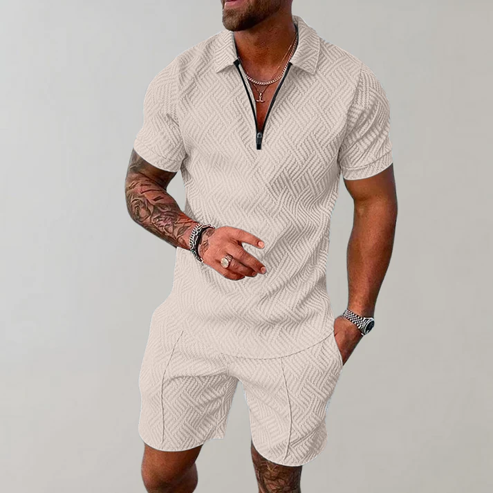 ModernEdge | Men's Outfit – Zip Polo Shirt and Shorts Set 1
