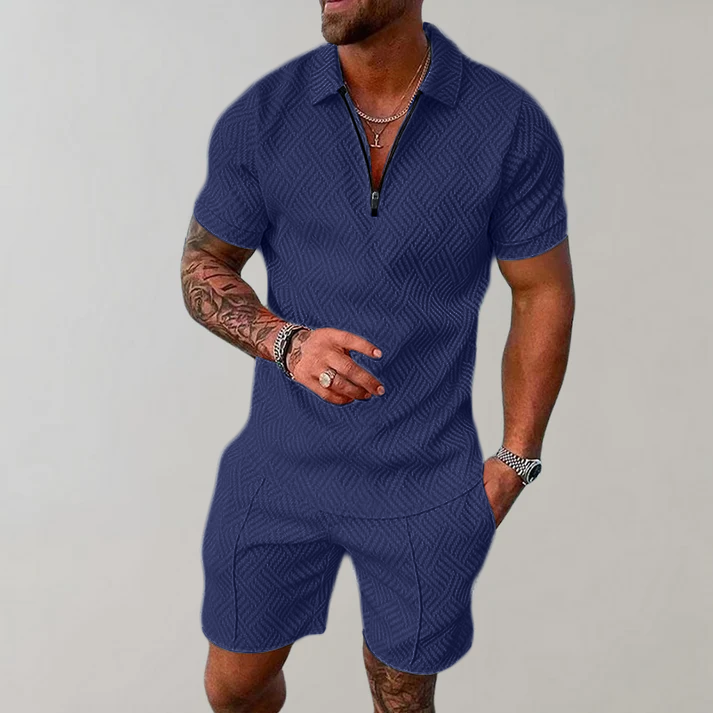 ModernEdge | Men's Outfit – Zip Polo Shirt and Shorts Set 4