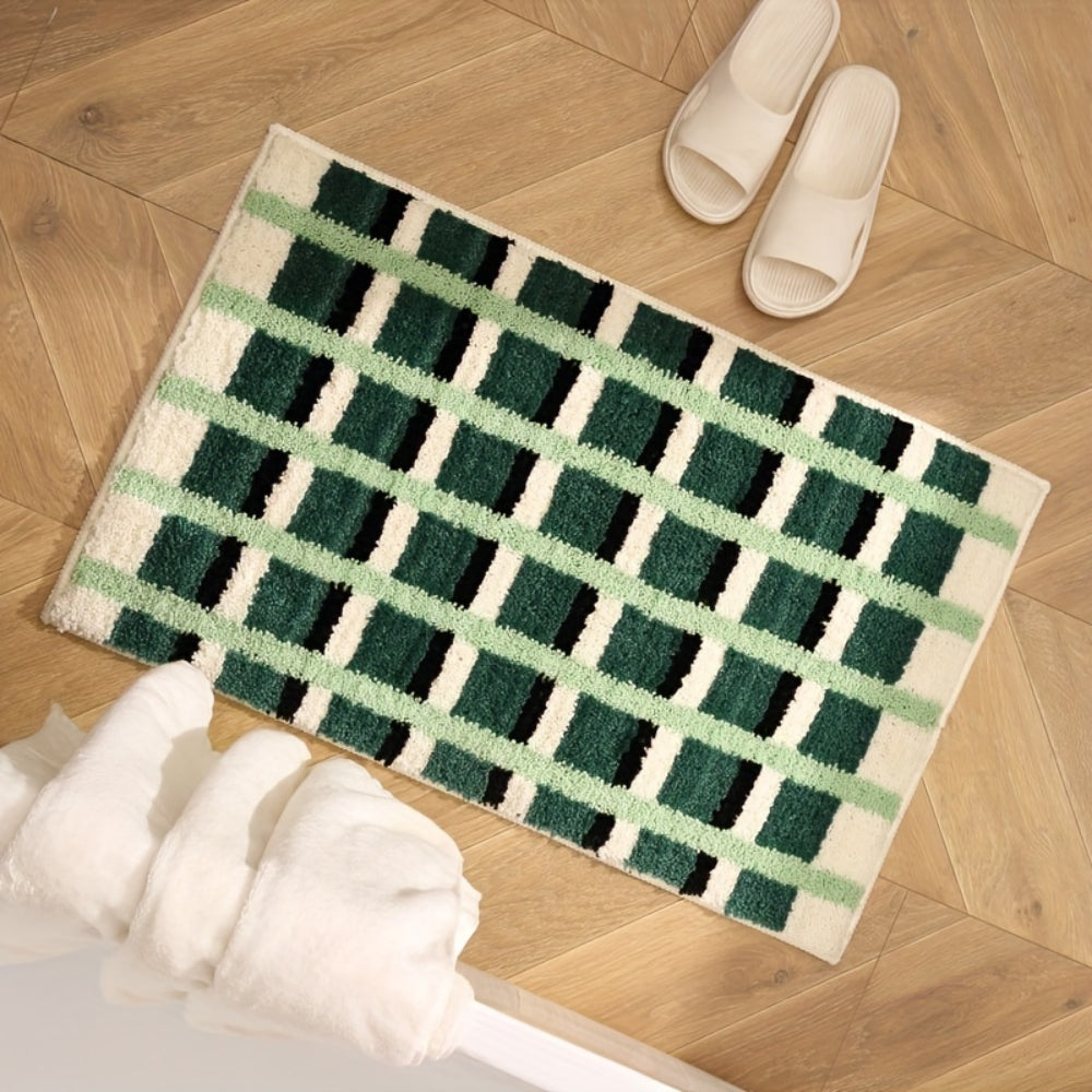 MossGreen | Non-Slip Bath Mat – Soft Flocked Fabric, Geometric Design