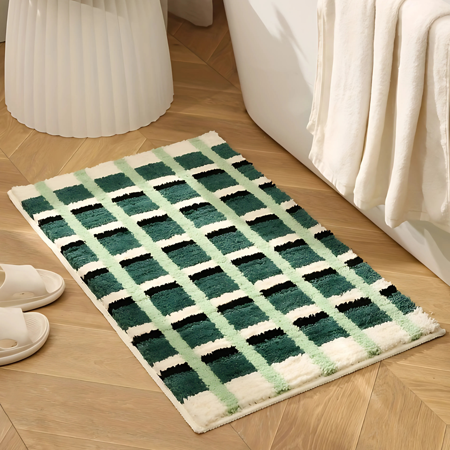 MossGreen | Non-Slip Bath Mat – Soft Flocked Fabric, Geometric Design