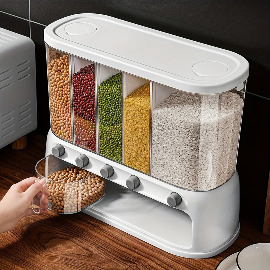 Multi-Compartment Kitchen Grain Storage Container | 5-Grid Dispenser with Push-Button