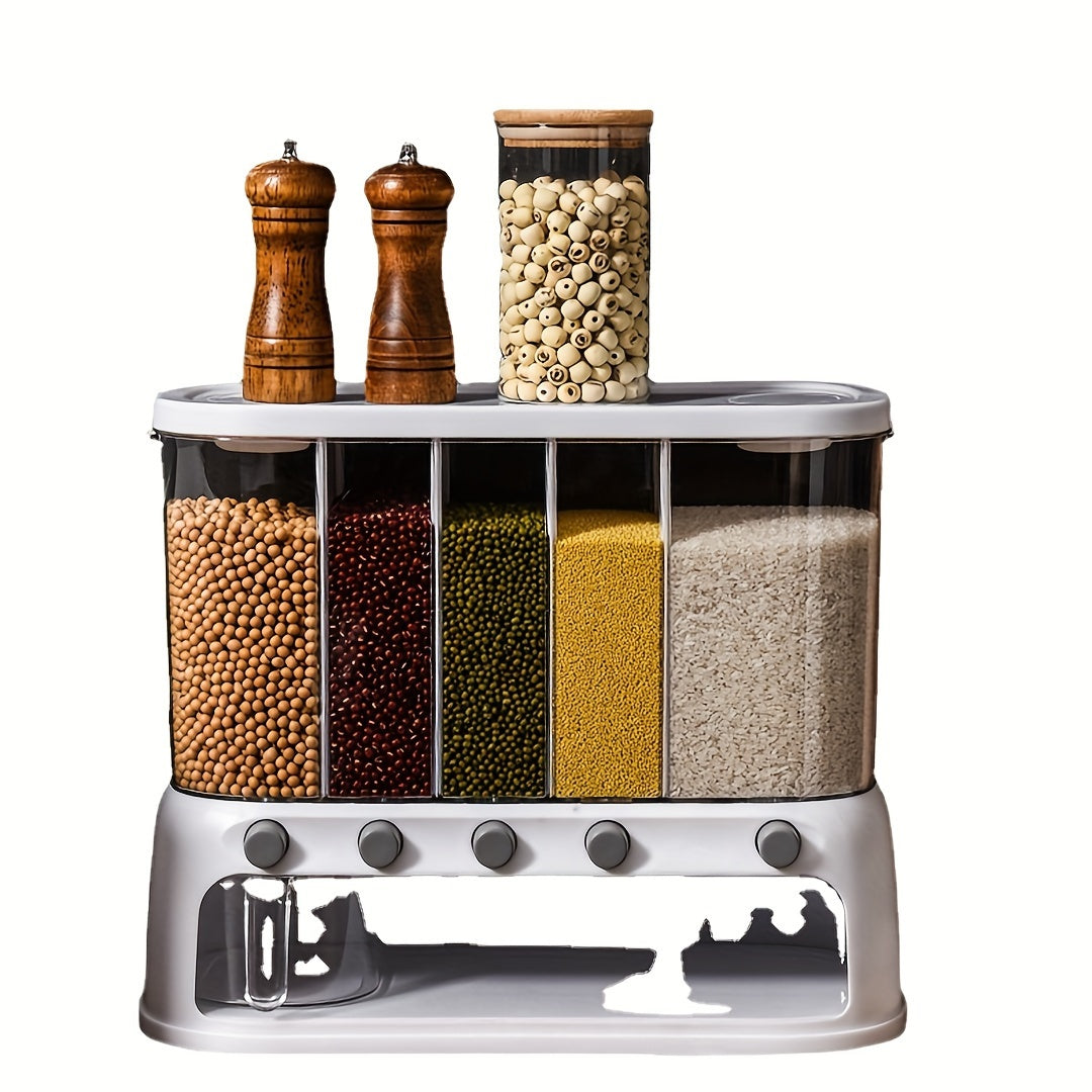 Multi-Compartment Kitchen Grain Storage Container | 5-Grid Dispenser with Push-Button