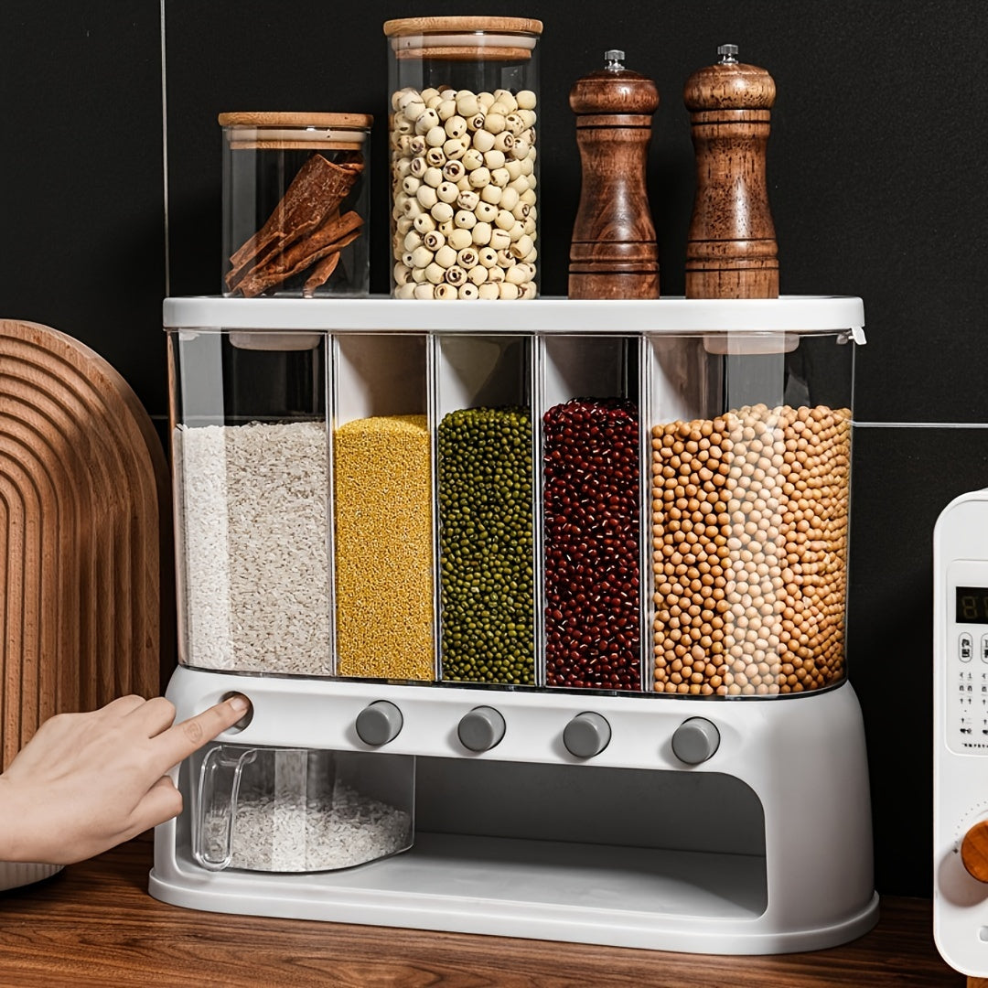 Multi-Compartment Kitchen Grain Storage Container | 5-Grid Dispenser with Push-Button