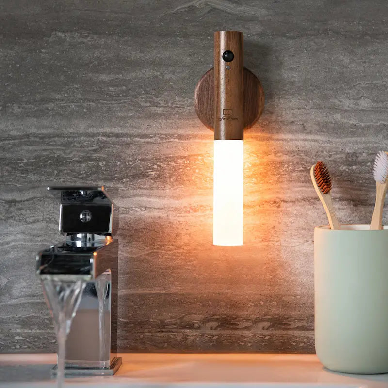 Motion Sensor Torch Lamp Wood & Acrylic 18 cm | Walnut or Ash | Cordless Magnetic Wall Mount, Rechargeable Night Light 4