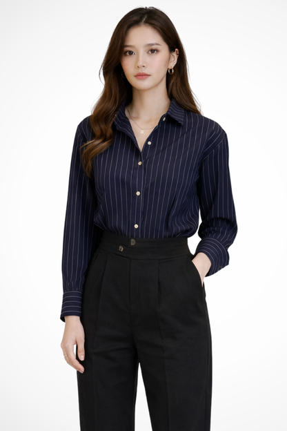 Nella | Women's Shirt – Striped Long Sleeve With Turn Down Collar 0