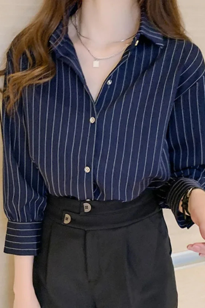 Nella | Women's Shirt – Striped Long Sleeve With Turn Down Collar 1