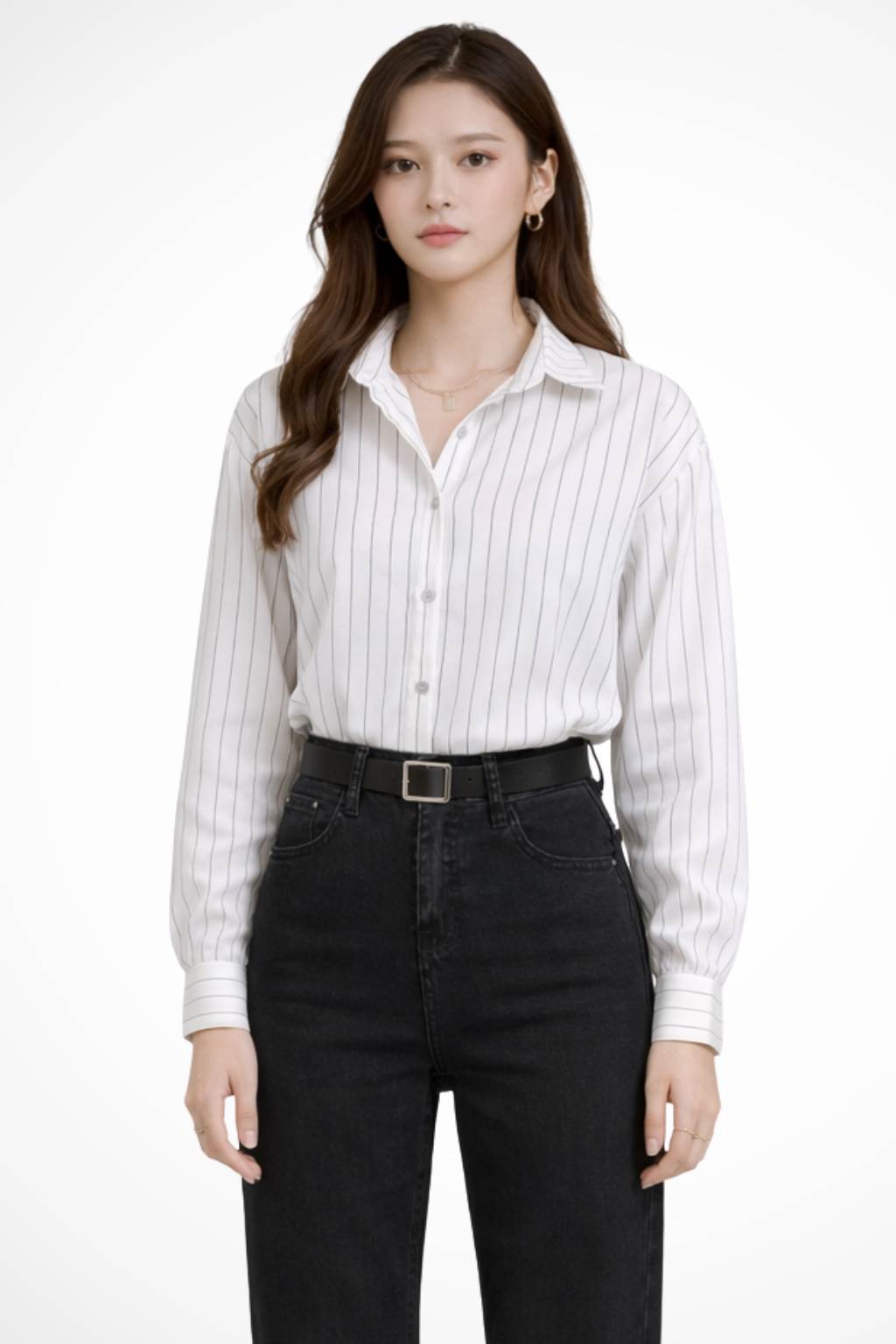 Nella | Women's Shirt – Striped Long Sleeve With Turn Down Collar 2