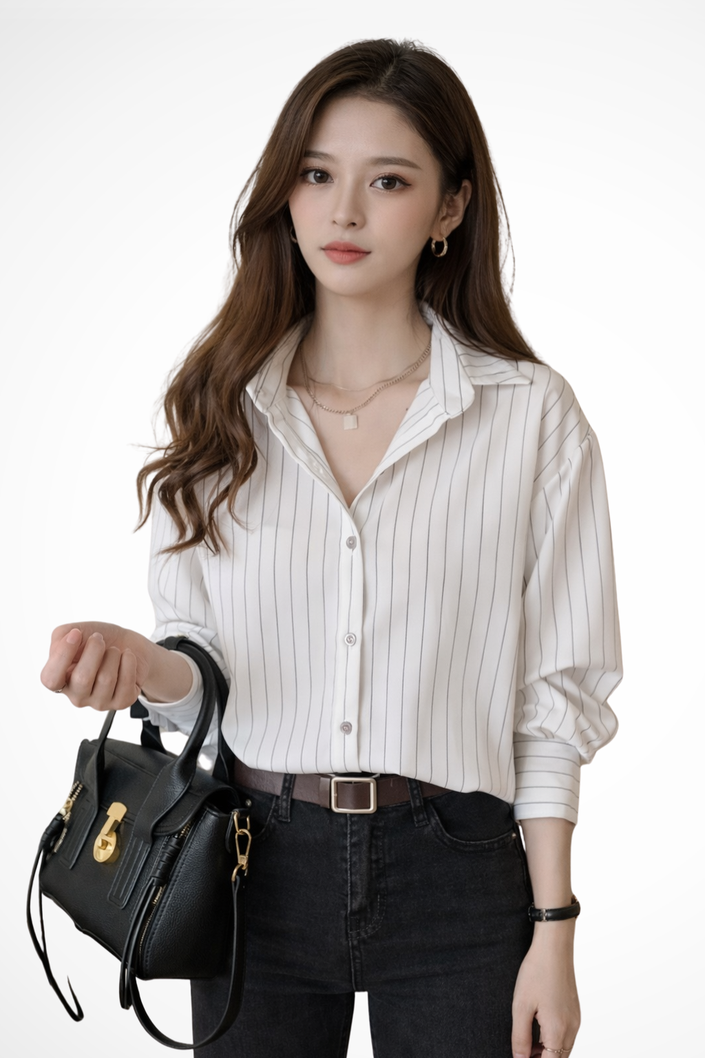 Nella | Women's Shirt – Striped Long Sleeve With Turn Down Collar 3