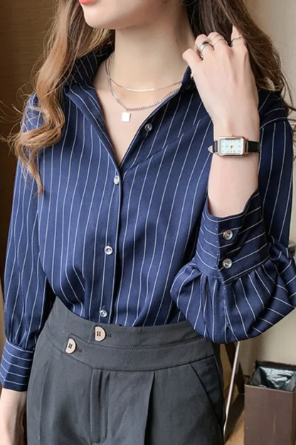 Nella | Women's Shirt – Striped Long Sleeve With Turn Down Collar 4