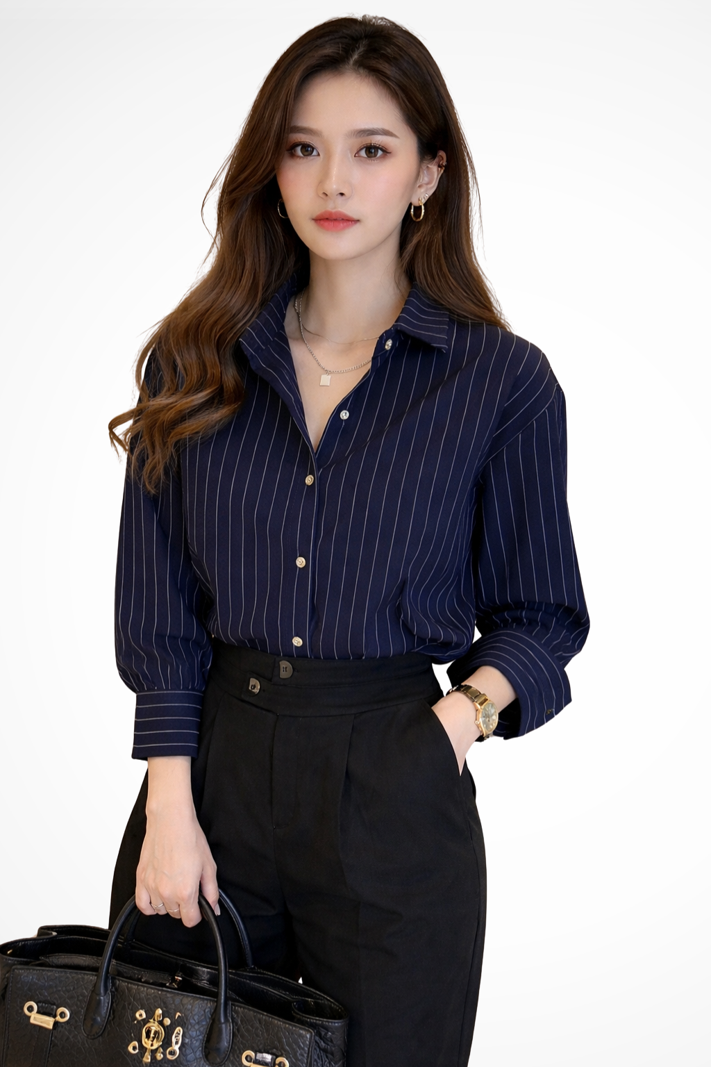 Nella | Women's Shirt – Striped Long Sleeve With Turn Down Collar 5