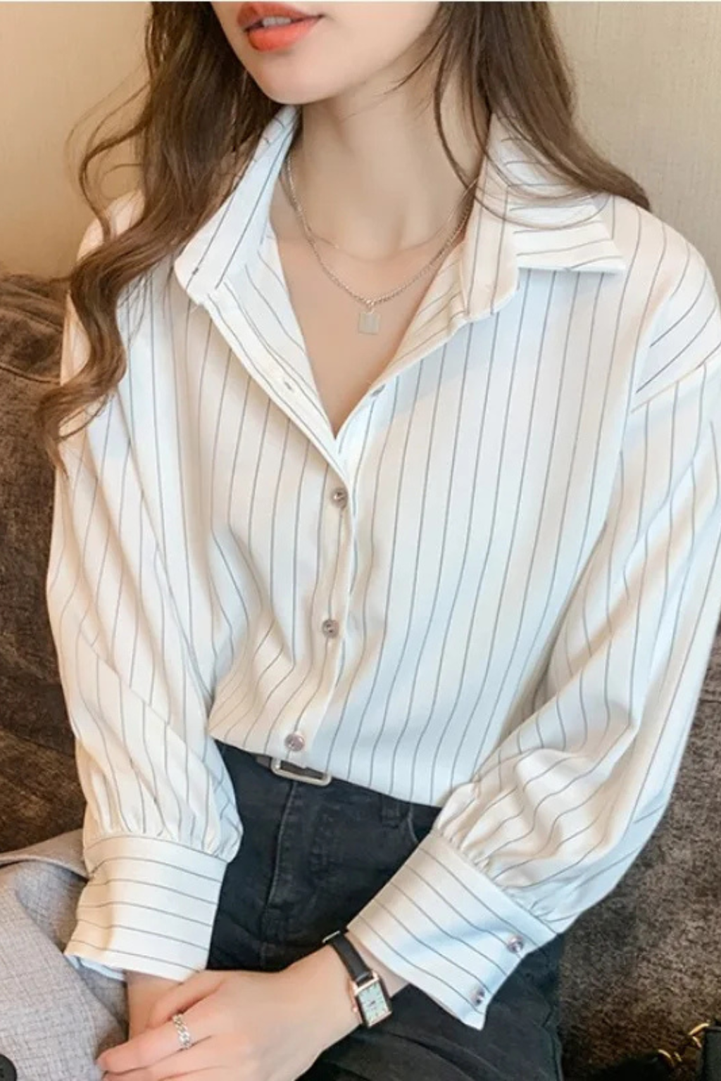 Nella | Women's Shirt – Striped Long Sleeve With Turn Down Collar 7